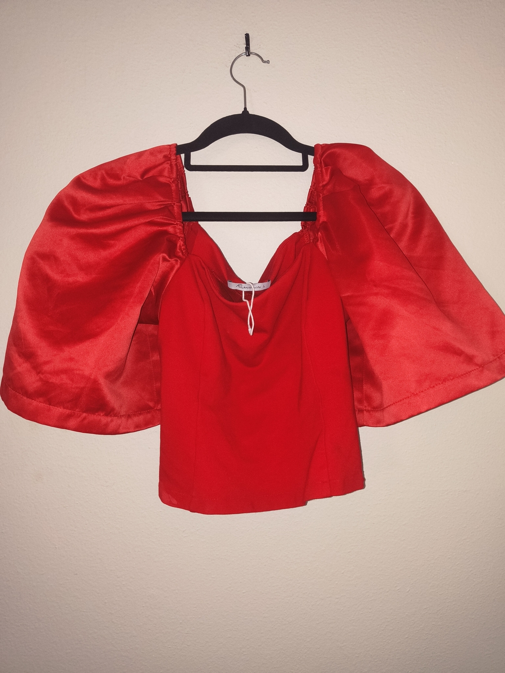 Red Satin Puff Sleeve Corset Style Crop Top Size L Statement Sleeve Blouse